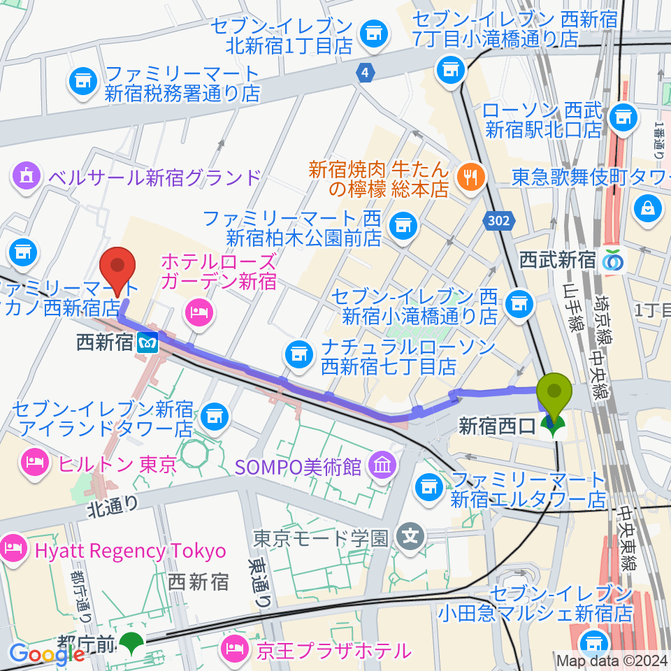 新宿西口駅からムラマツ・フルート・レッスンセンター新宿へのルートマップ地図