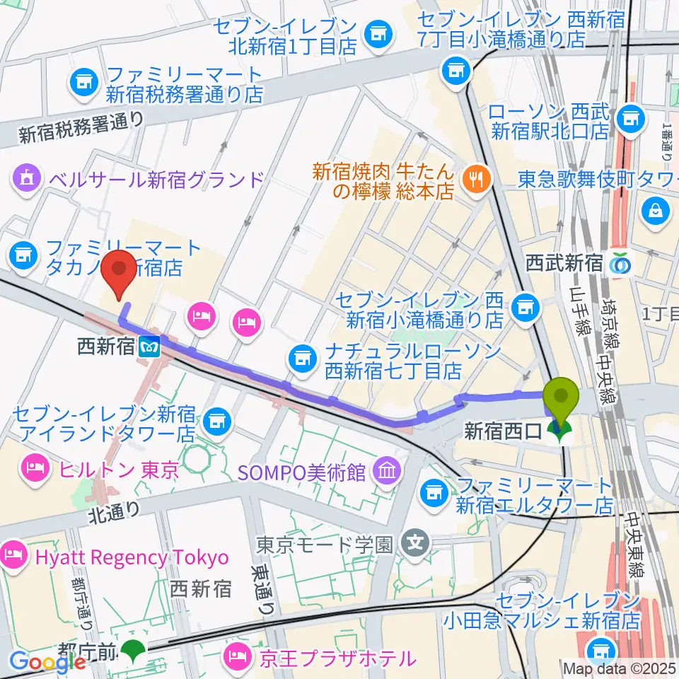 新宿西口駅からムラマツ・フルート・レッスンセンター新宿へのルートマップ地図