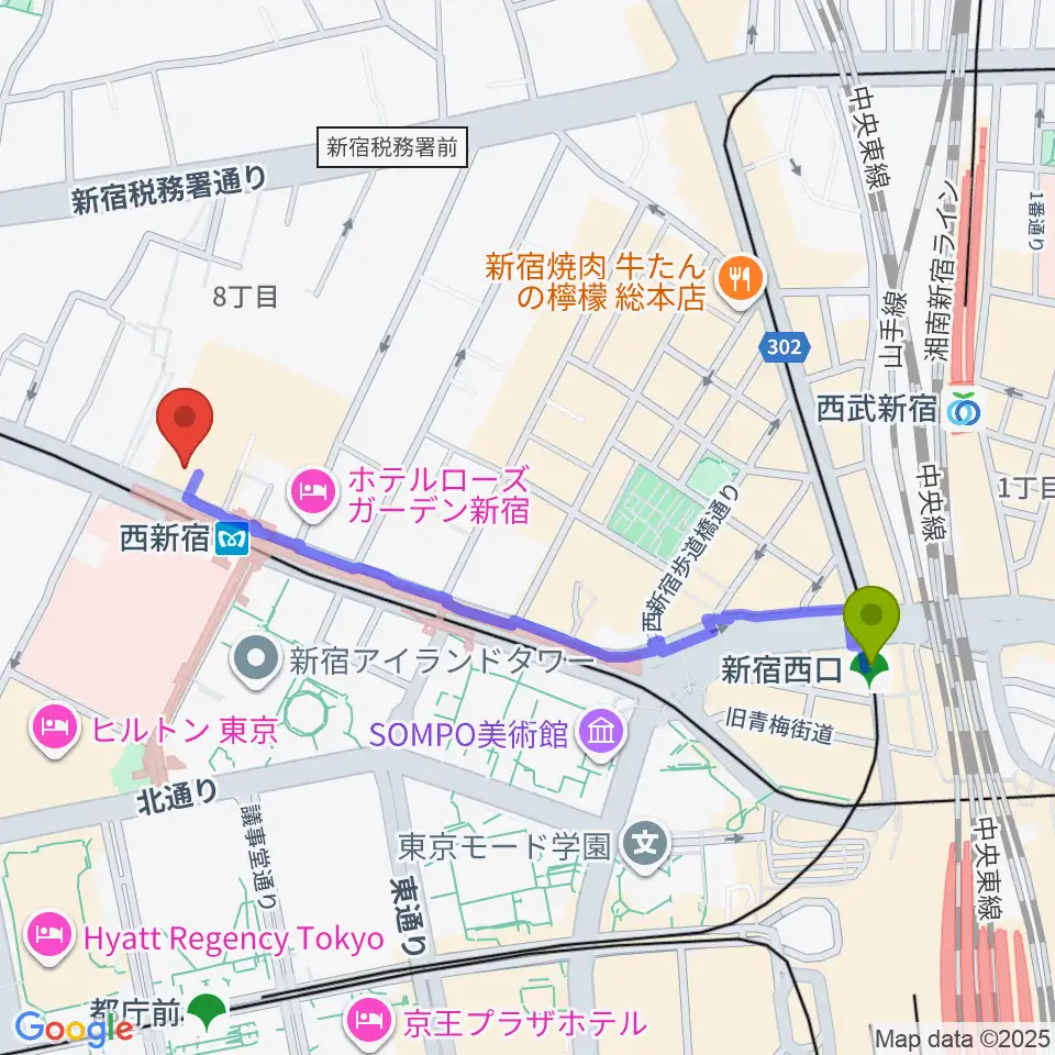 新宿西口駅からムラマツ・フルート・レッスンセンター新宿へのルートマップ地図