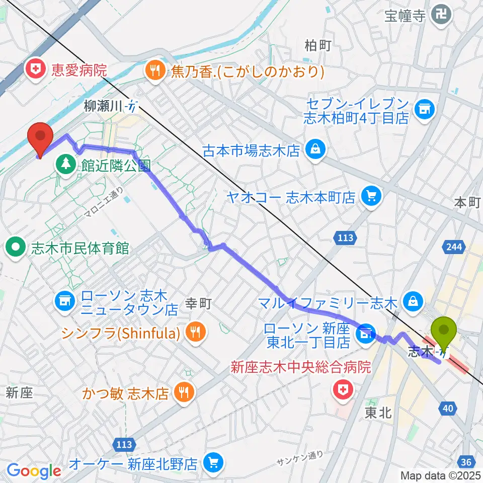 志木駅から市橋邦楽教室へのルートマップ地図