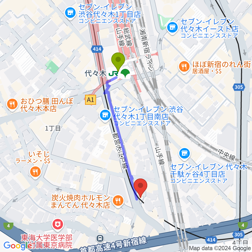 ルーツ音楽院の最寄駅代々木駅からの徒歩ルート（約4分）地図