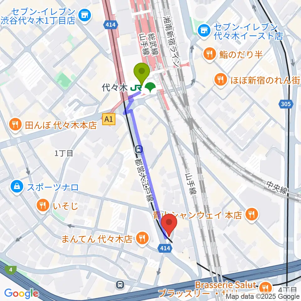 ルーツ音楽院の最寄駅代々木駅からの徒歩ルート（約4分）地図