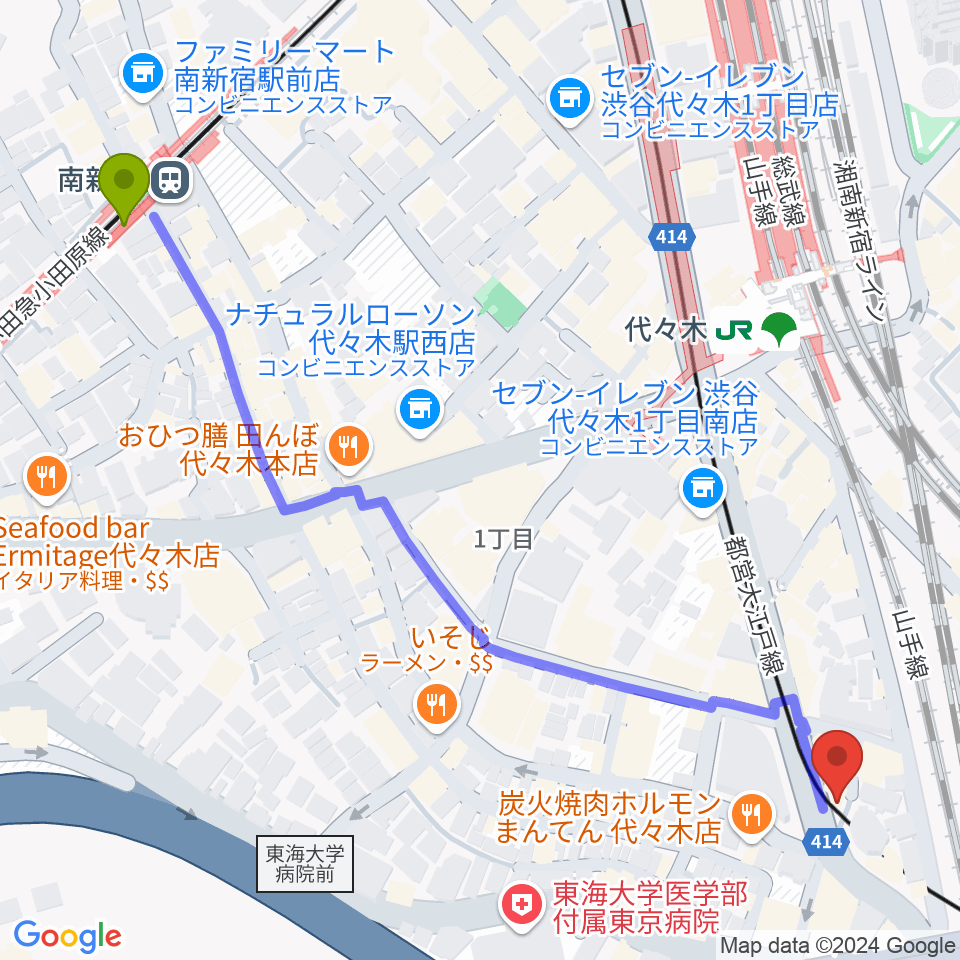 南新宿駅からルーツ音楽院へのルートマップ地図