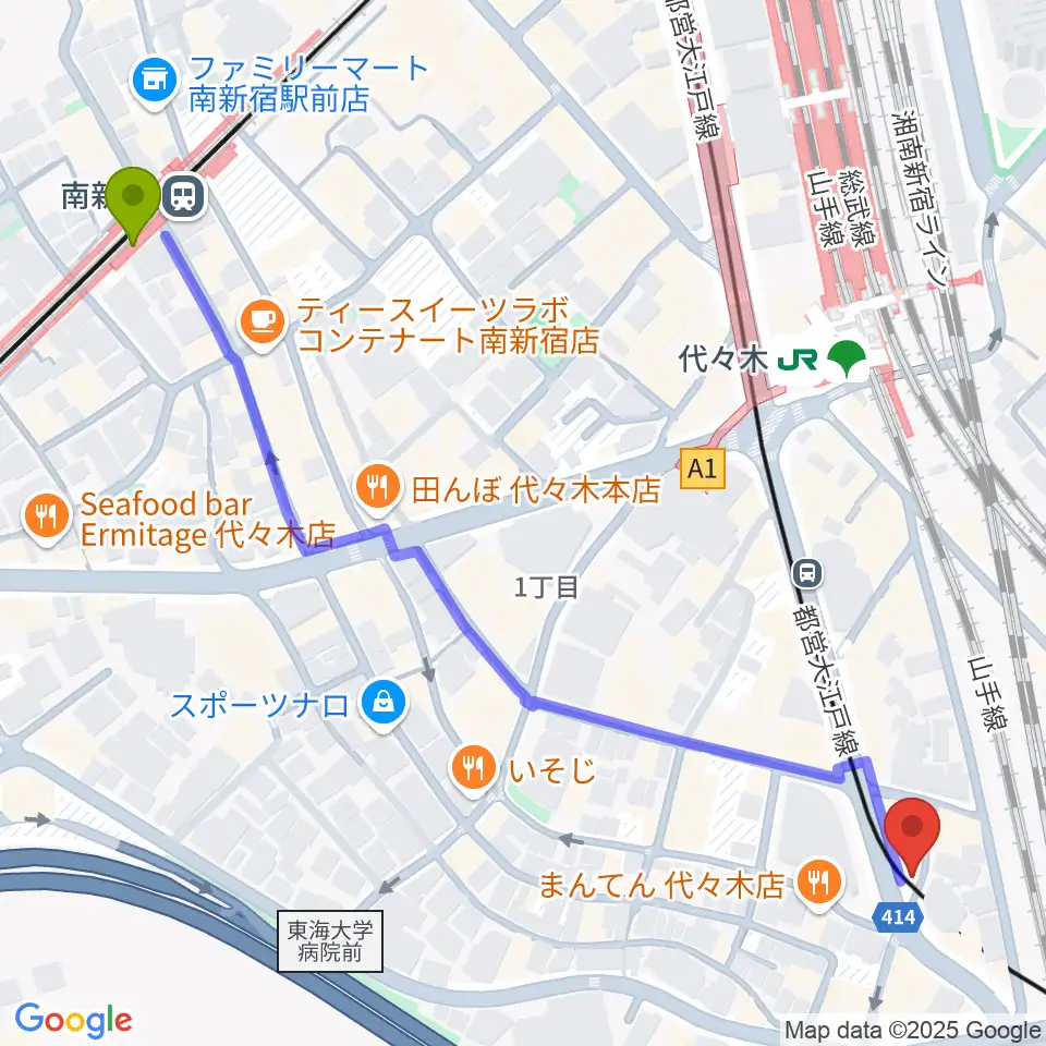 南新宿駅からルーツ音楽院へのルートマップ地図