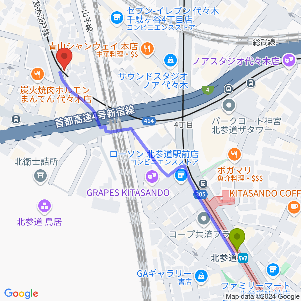 北参道駅からルーツ音楽院へのルートマップ地図