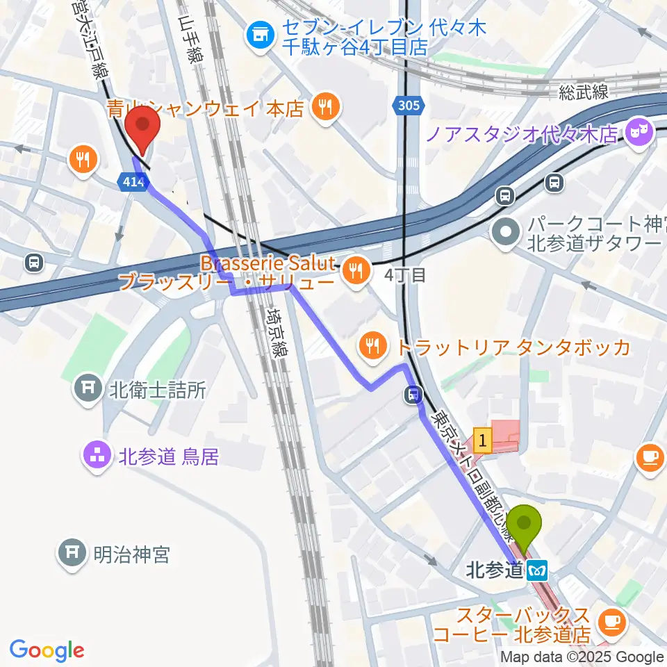 北参道駅からルーツ音楽院へのルートマップ地図