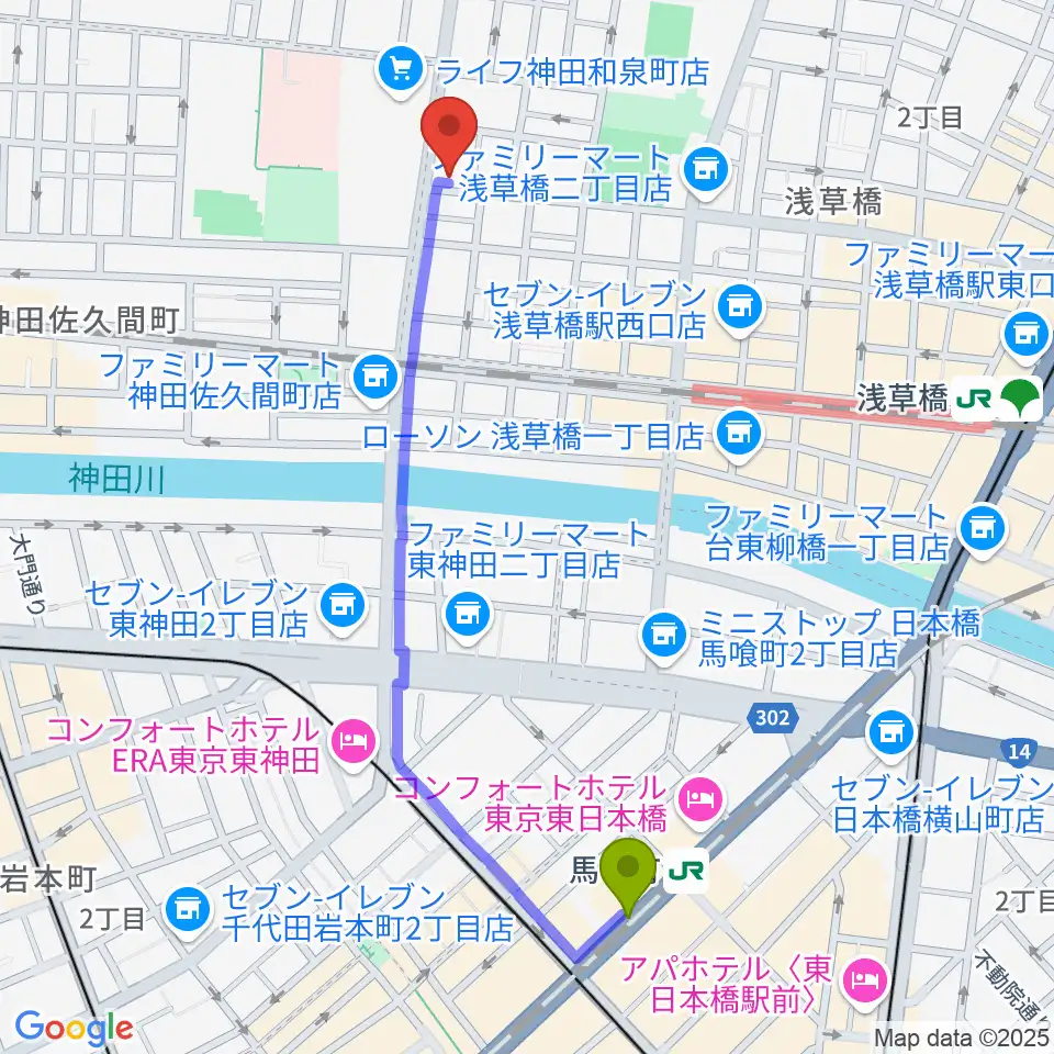 馬喰町駅からホットミュージックスクールへのルートマップ地図