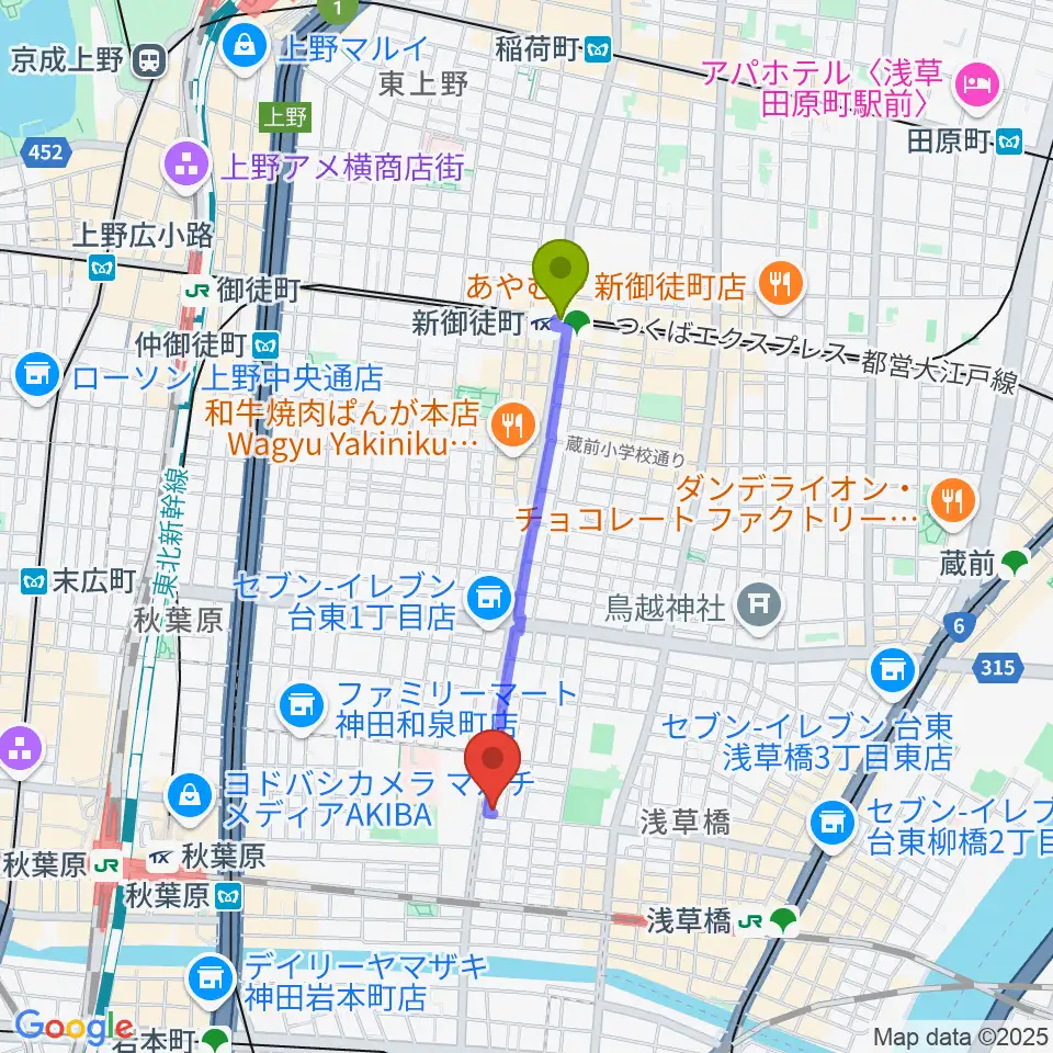 新御徒町駅からホットミュージックスクールへのルートマップ地図