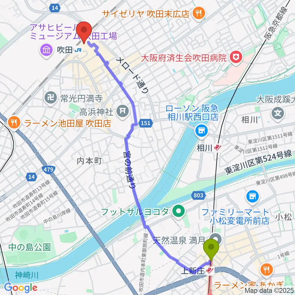 上新庄駅から大阪シティアカデミーへのルートマップ地図