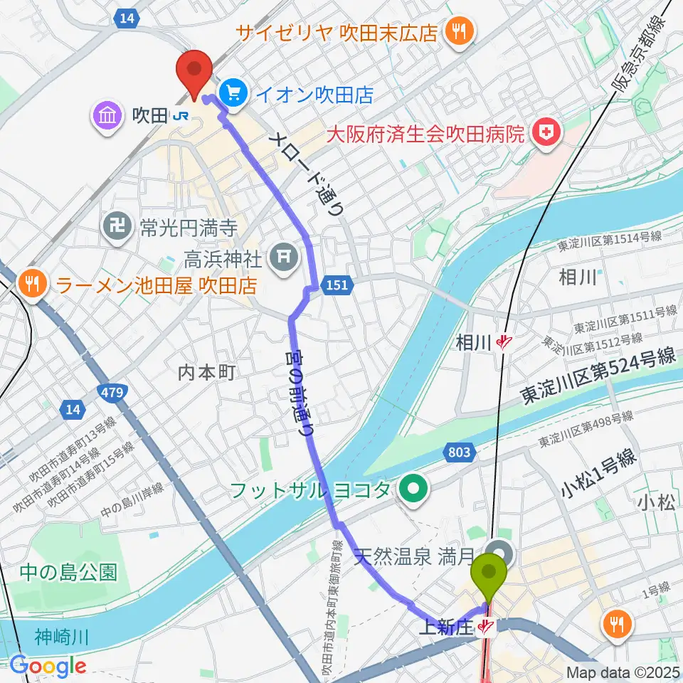 上新庄駅から大阪シティアカデミーへのルートマップ地図