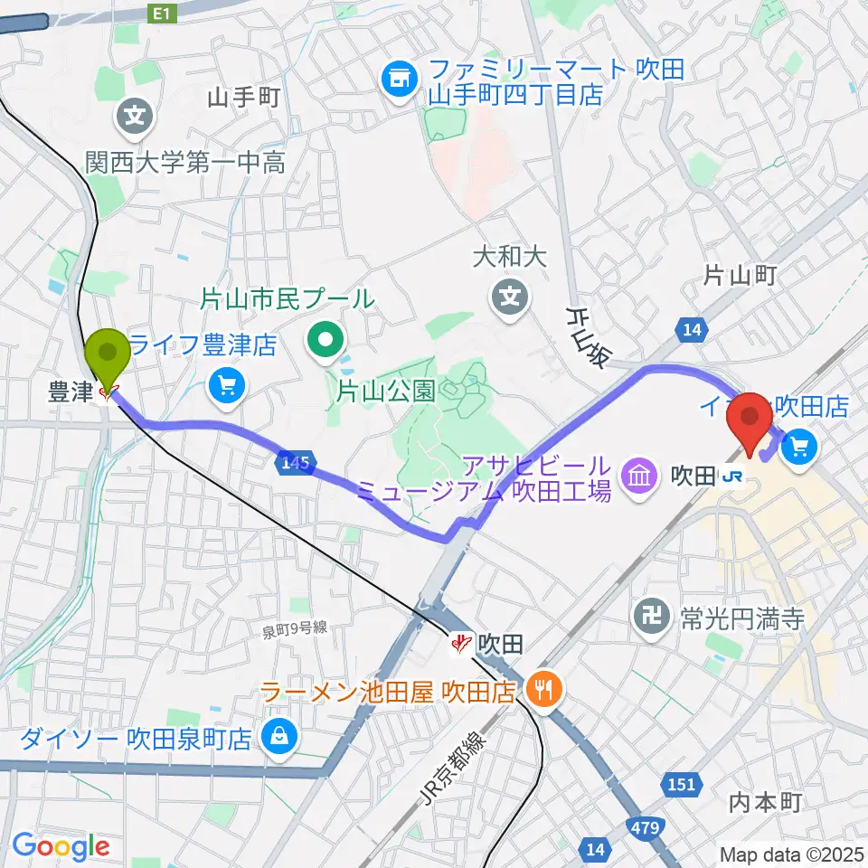 豊津駅から大阪シティアカデミーへのルートマップ地図