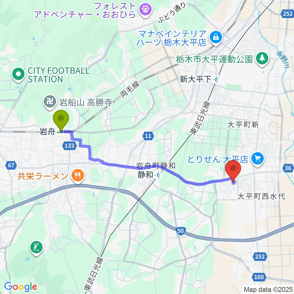 岩舟駅からカルチャーハウス エスポワールへのルートマップ地図