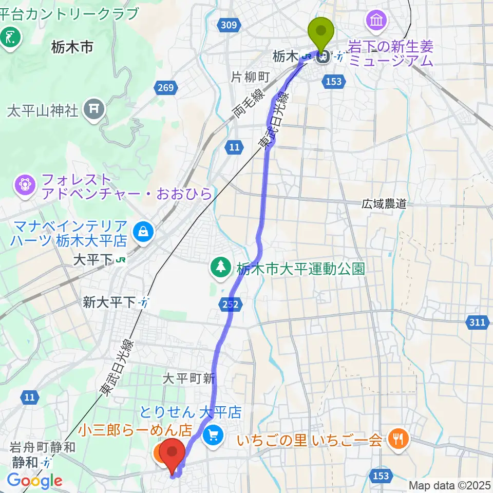 栃木駅からカルチャーハウス エスポワールへのルートマップ地図