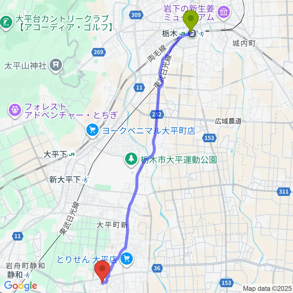 栃木駅からカルチャーハウス エスポワールへのルートマップ地図