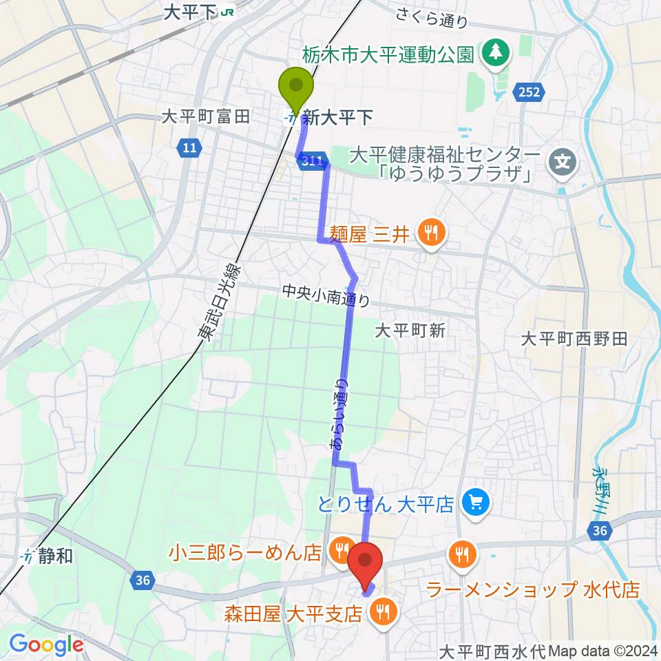 新大平下駅からカルチャーハウス エスポワールへのルートマップ地図