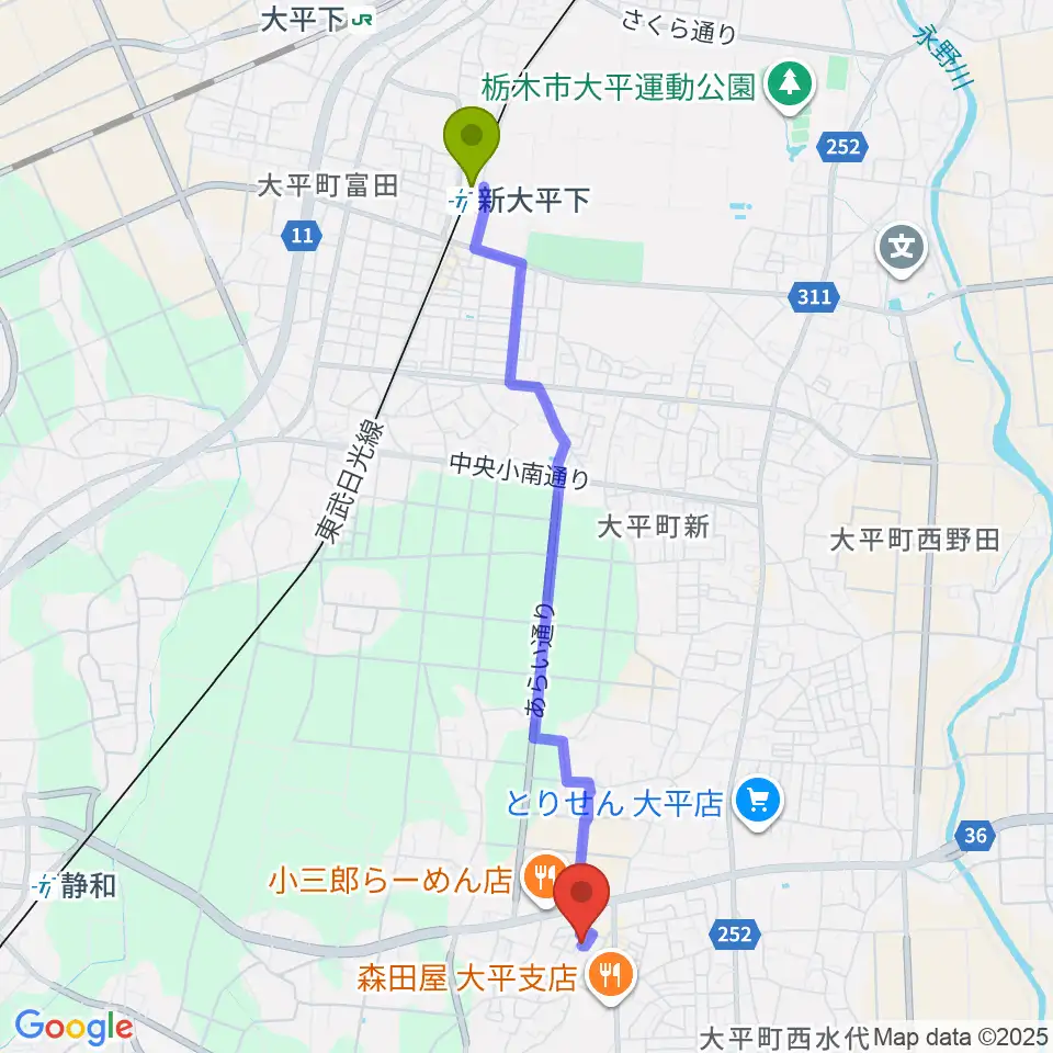新大平下駅からカルチャーハウス エスポワールへのルートマップ地図