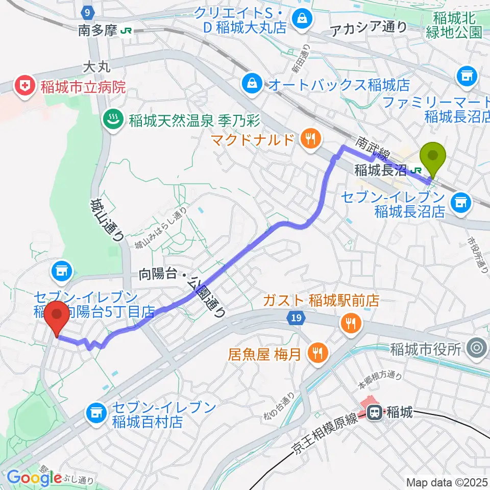 稲城長沼駅から向陽台ミュージック・バルーンへのルートマップ地図