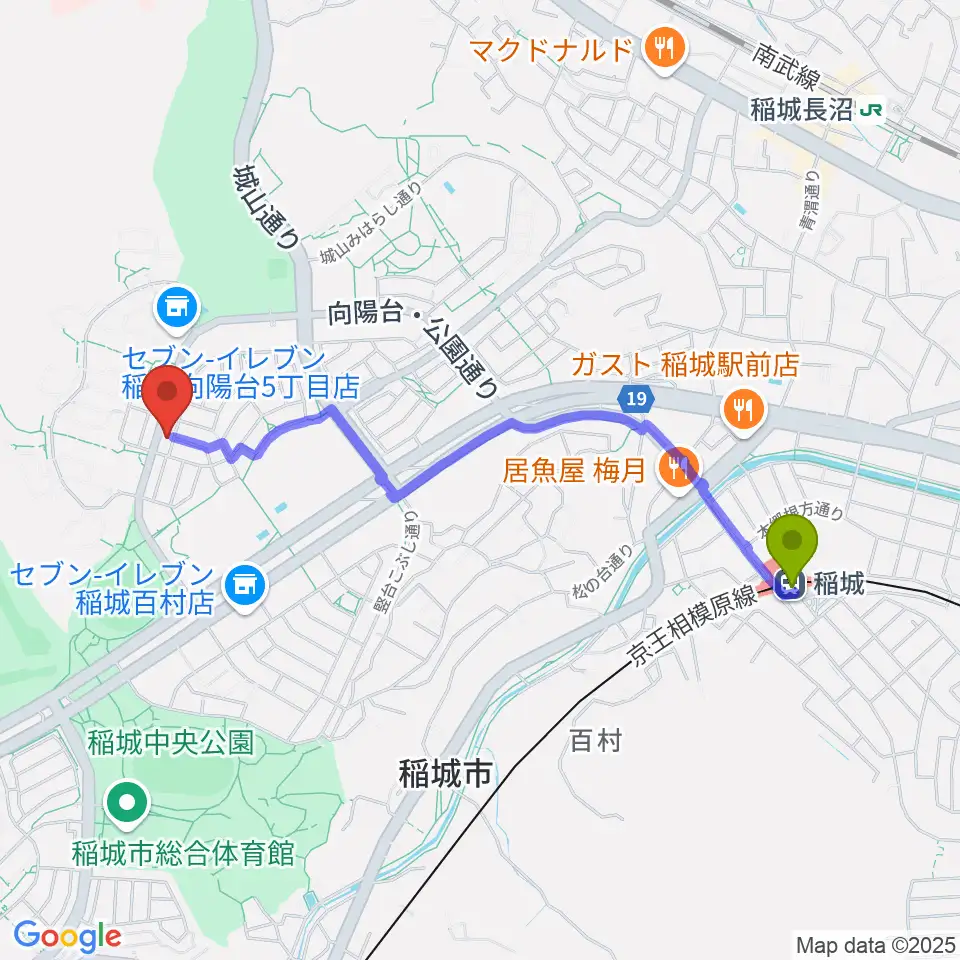 稲城駅から向陽台ミュージック・バルーンへのルートマップ地図
