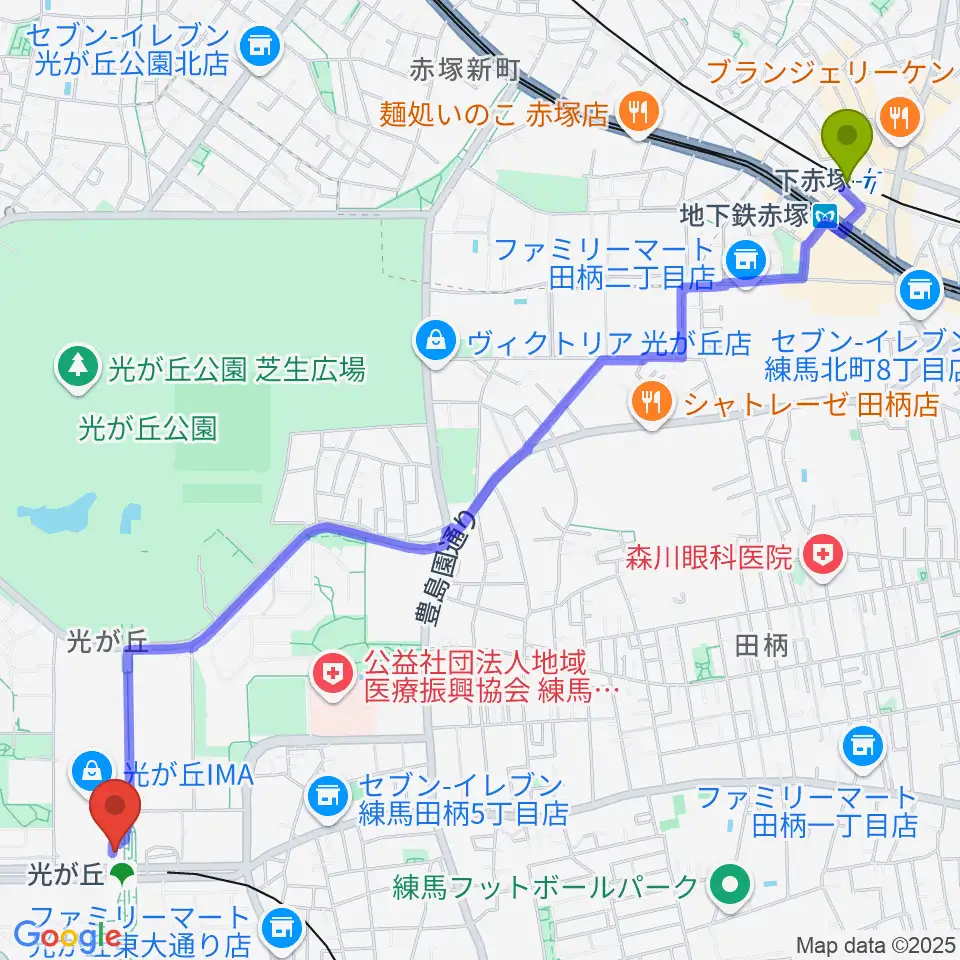 下赤塚駅からサクライ楽器ミュージックイン光が丘へのルートマップ地図