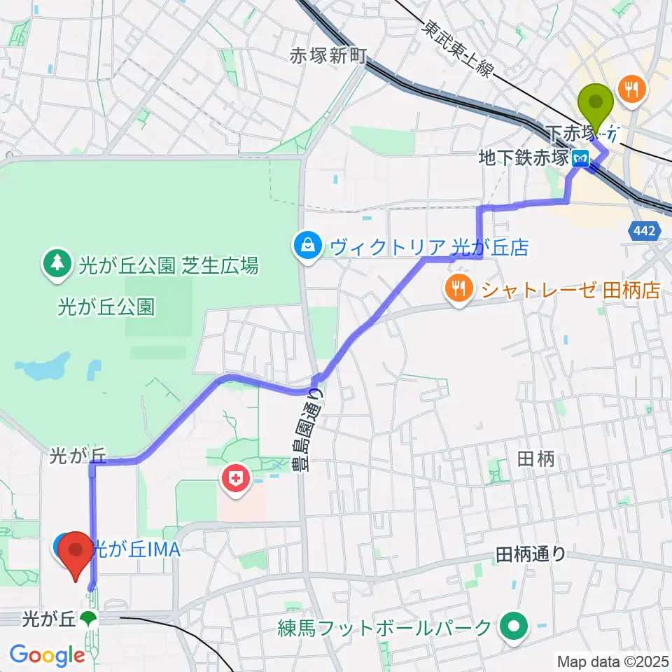 下赤塚駅からサクライ楽器ミュージックイン光が丘へのルートマップ地図