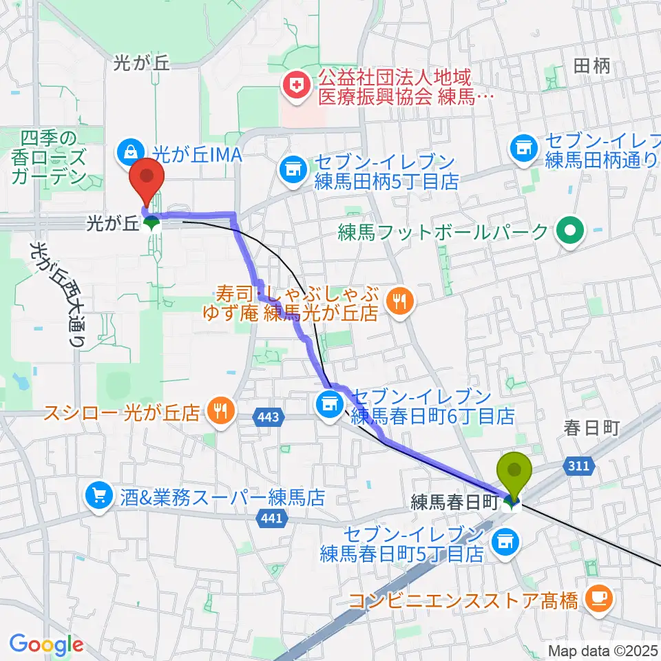 練馬春日町駅からサクライ楽器ミュージックイン光が丘へのルートマップ地図