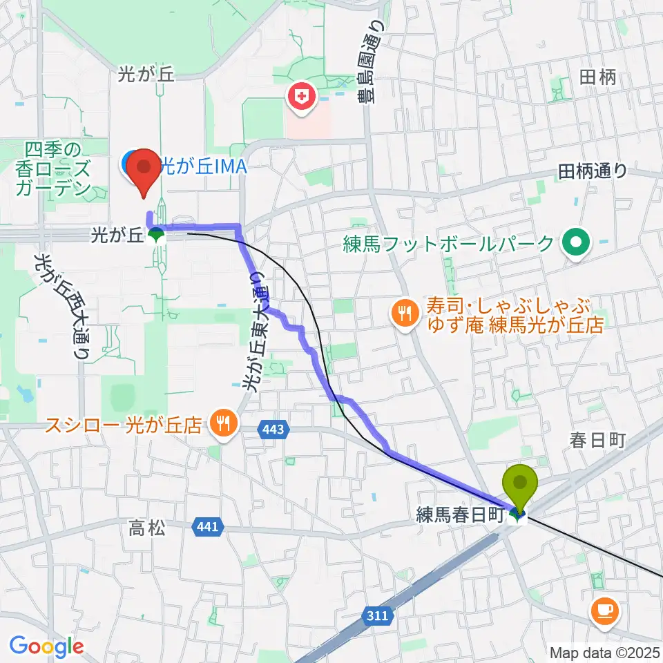練馬春日町駅からサクライ楽器ミュージックイン光が丘へのルートマップ地図