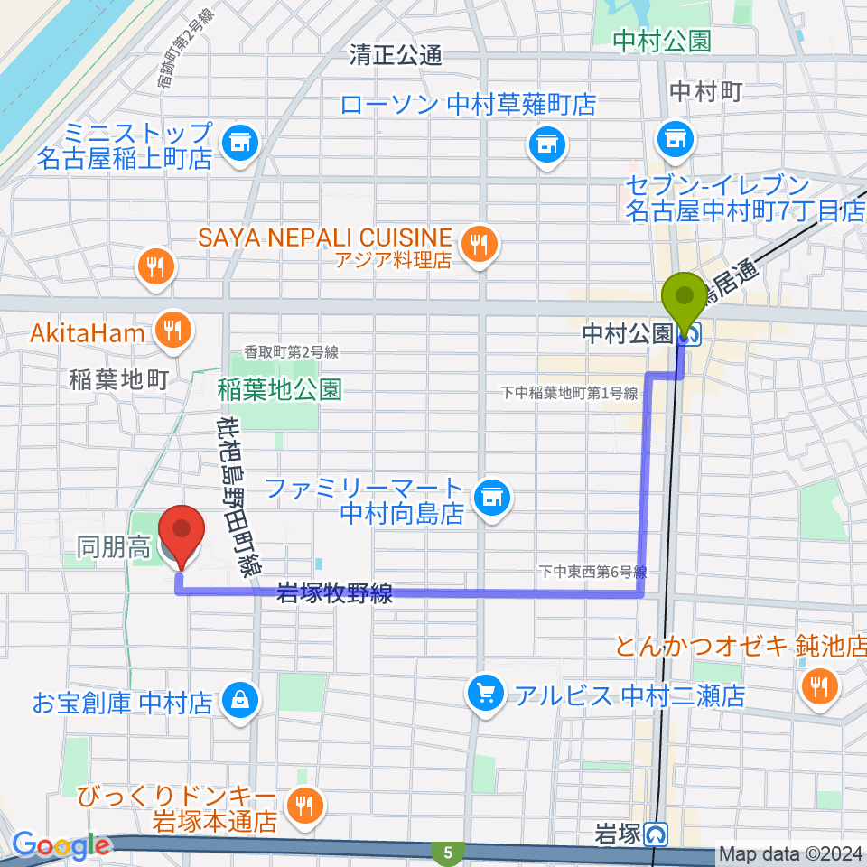 中村公園駅から名古屋音楽大学へのルートマップ地図