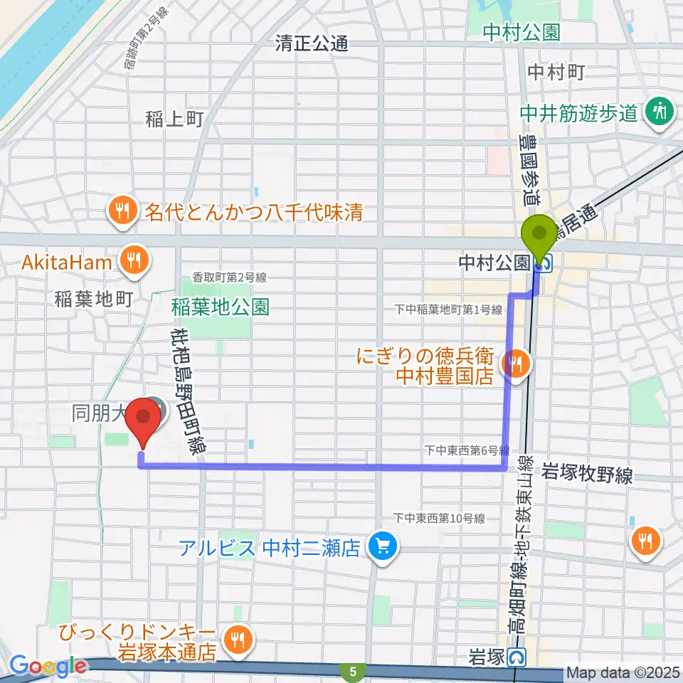 中村公園駅から名古屋音楽大学へのルートマップ地図