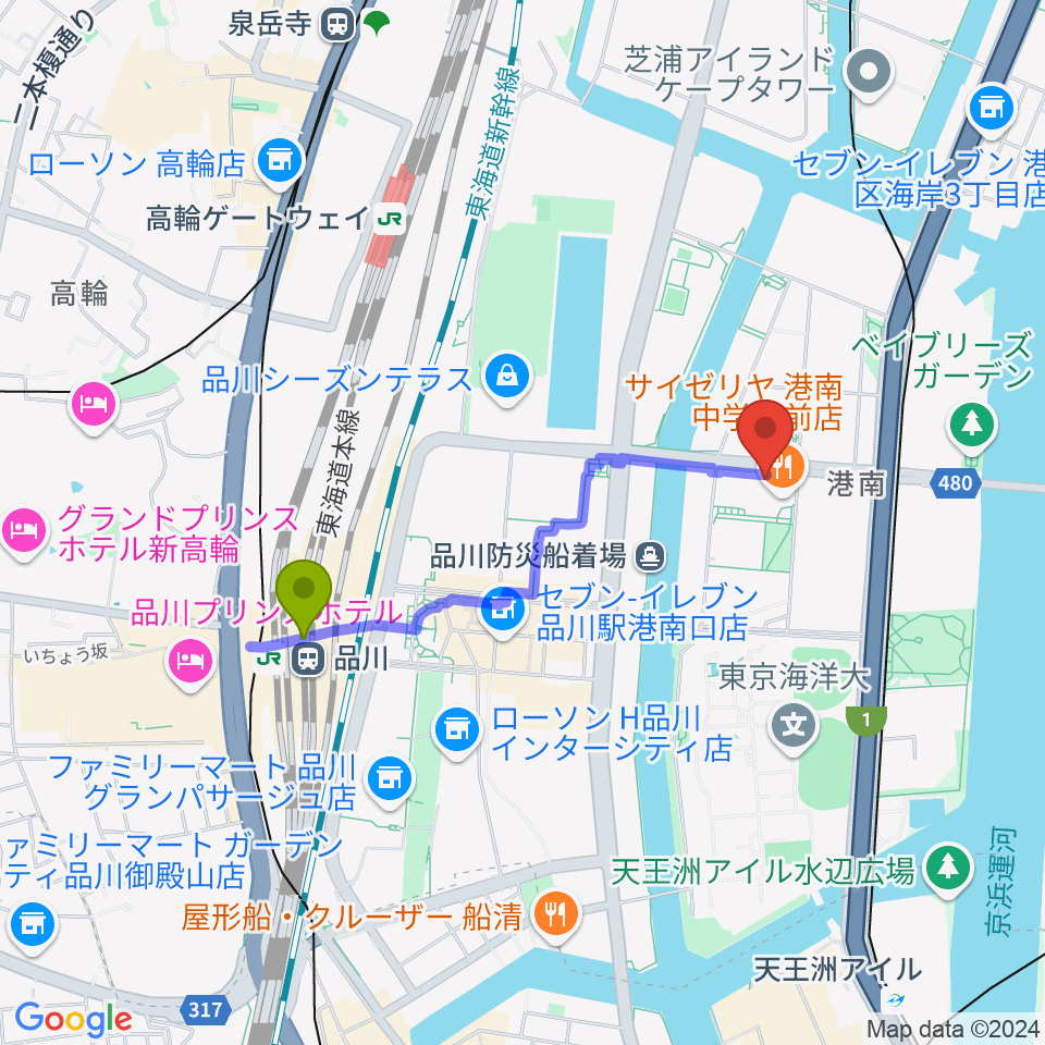 カワイ音楽教室 MS品川の最寄駅品川駅からの徒歩ルート（約15分）地図