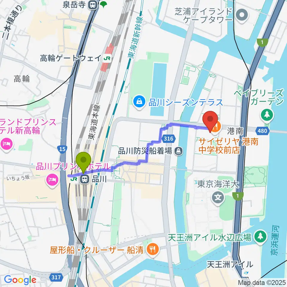 カワイ音楽教室 MS品川の最寄駅品川駅からの徒歩ルート（約14分）地図