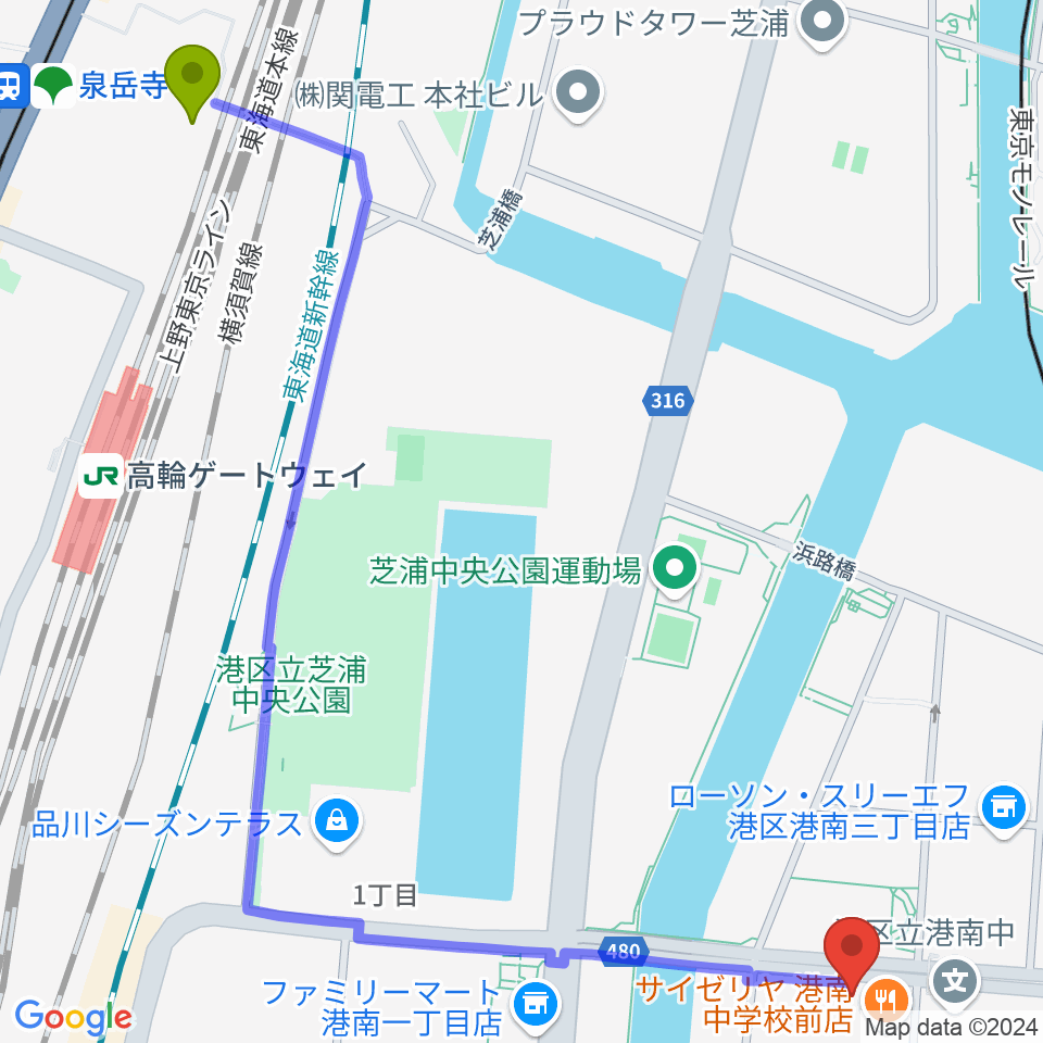 高輪ゲートウェイ駅からカワイ音楽教室 MS品川へのルートマップ地図