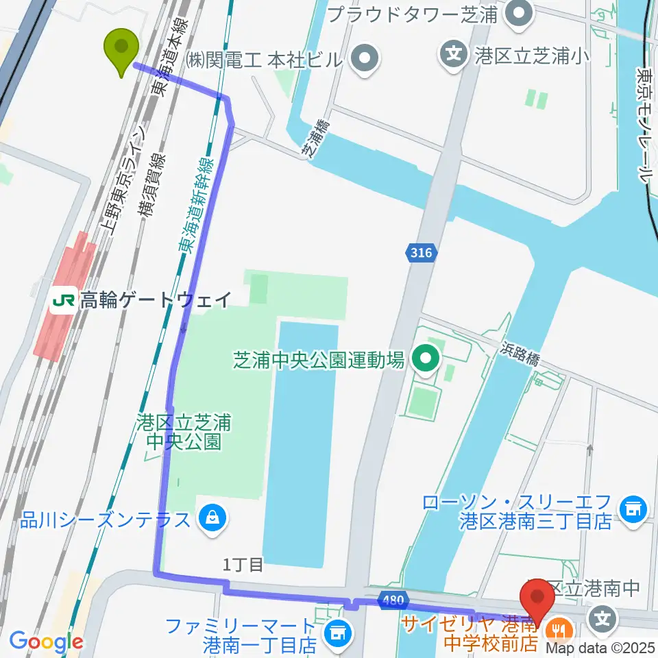 高輪ゲートウェイ駅からカワイ音楽教室 MS品川へのルートマップ地図