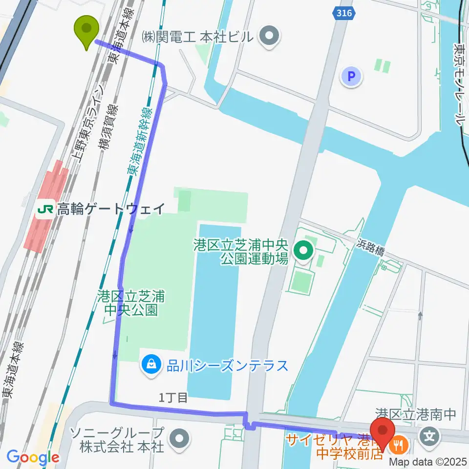 高輪ゲートウェイ駅からカワイ音楽教室 MS品川へのルートマップ地図