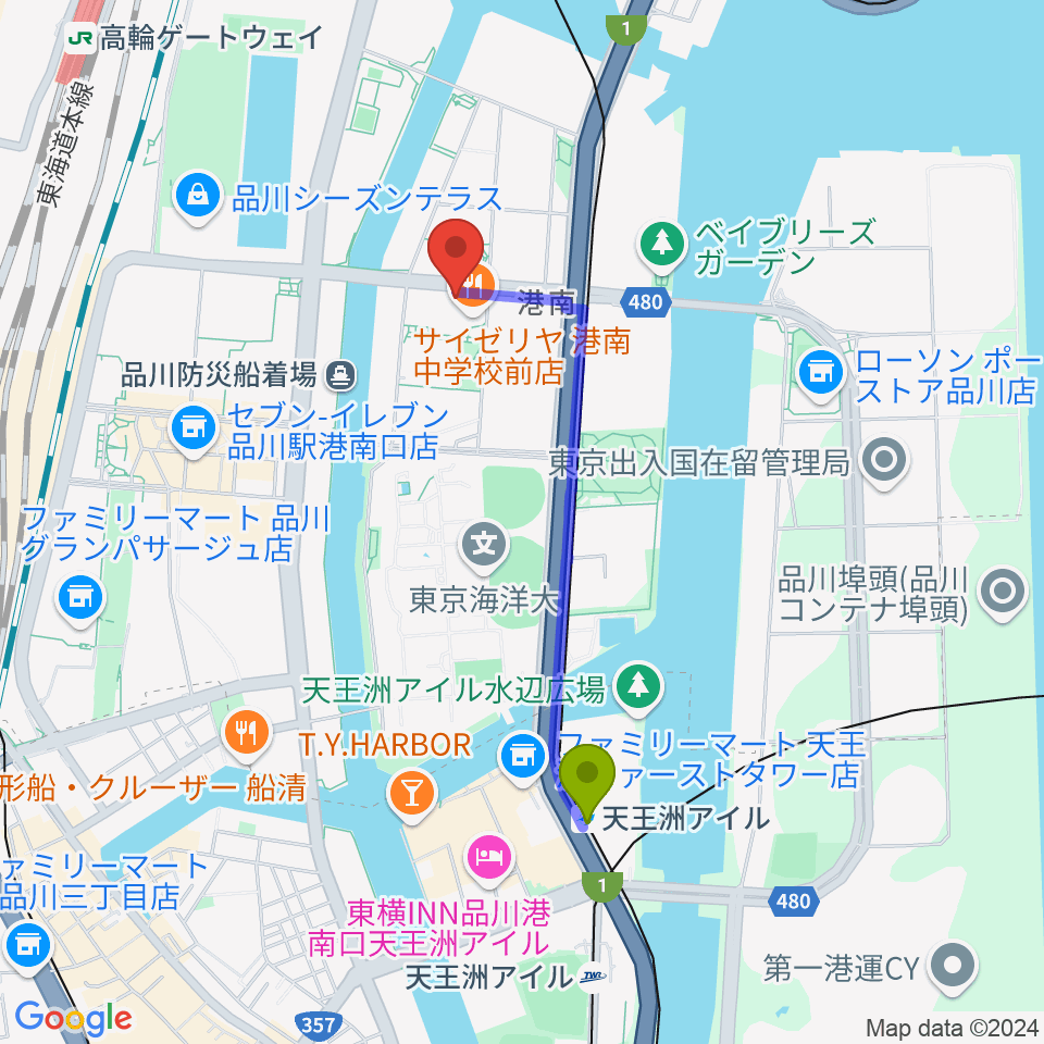 天王洲アイル駅からカワイ音楽教室 MS品川へのルートマップ地図