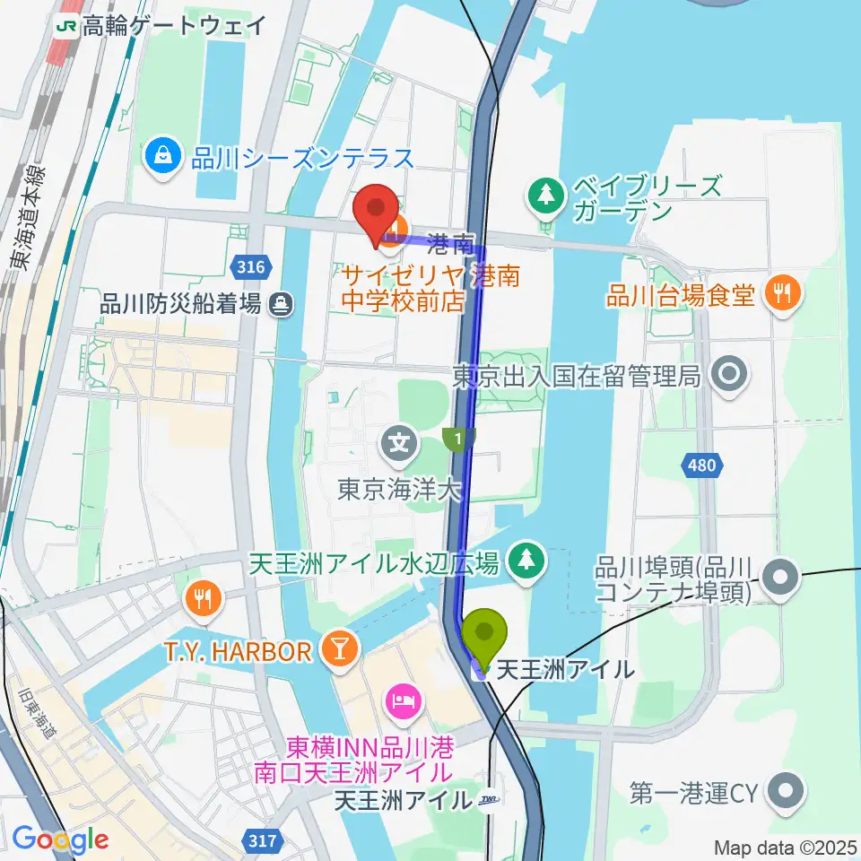 天王洲アイル駅からカワイ音楽教室 MS品川へのルートマップ地図