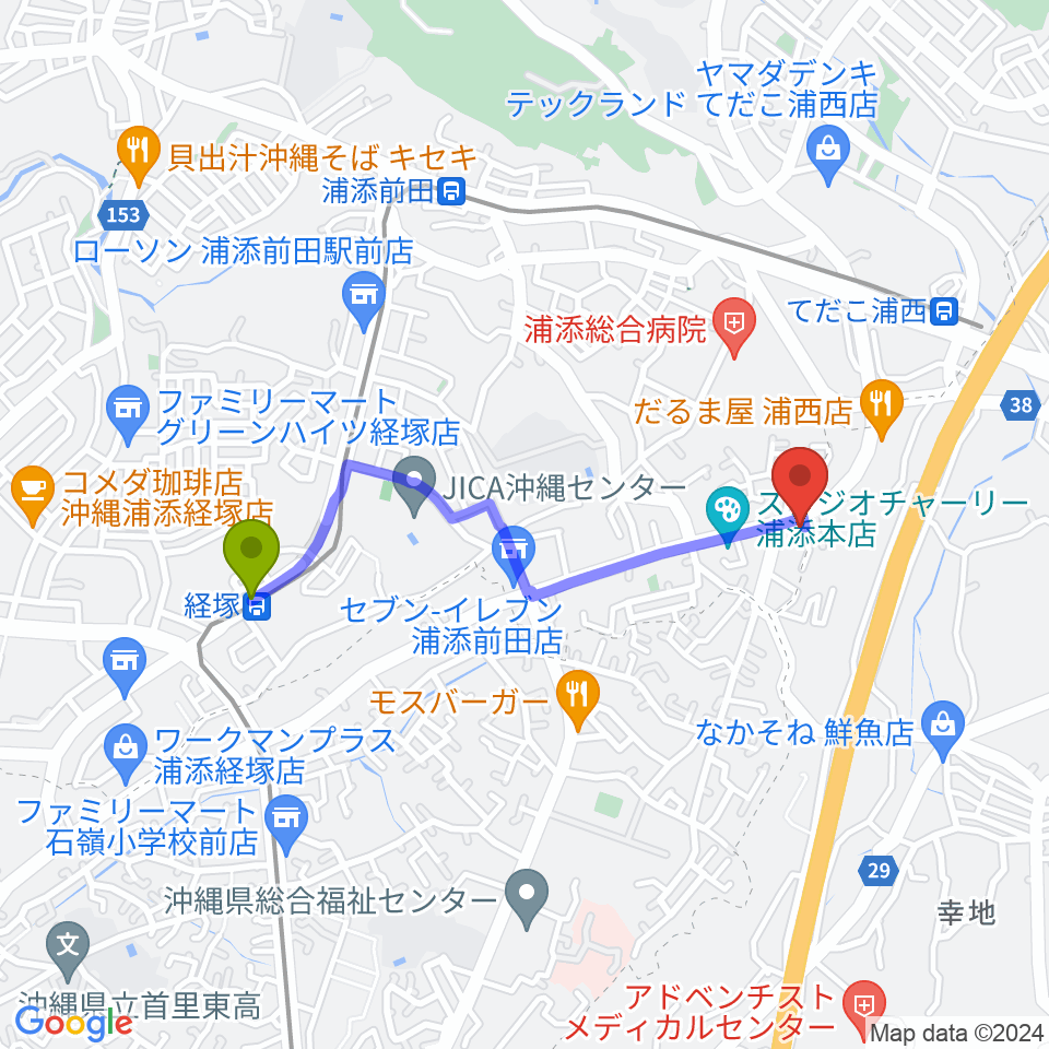 経塚駅からムウギターアカデミーへのルートマップ地図