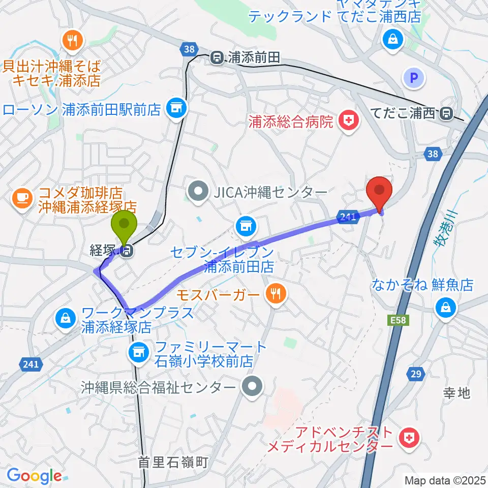 経塚駅からムウギターアカデミーへのルートマップ地図