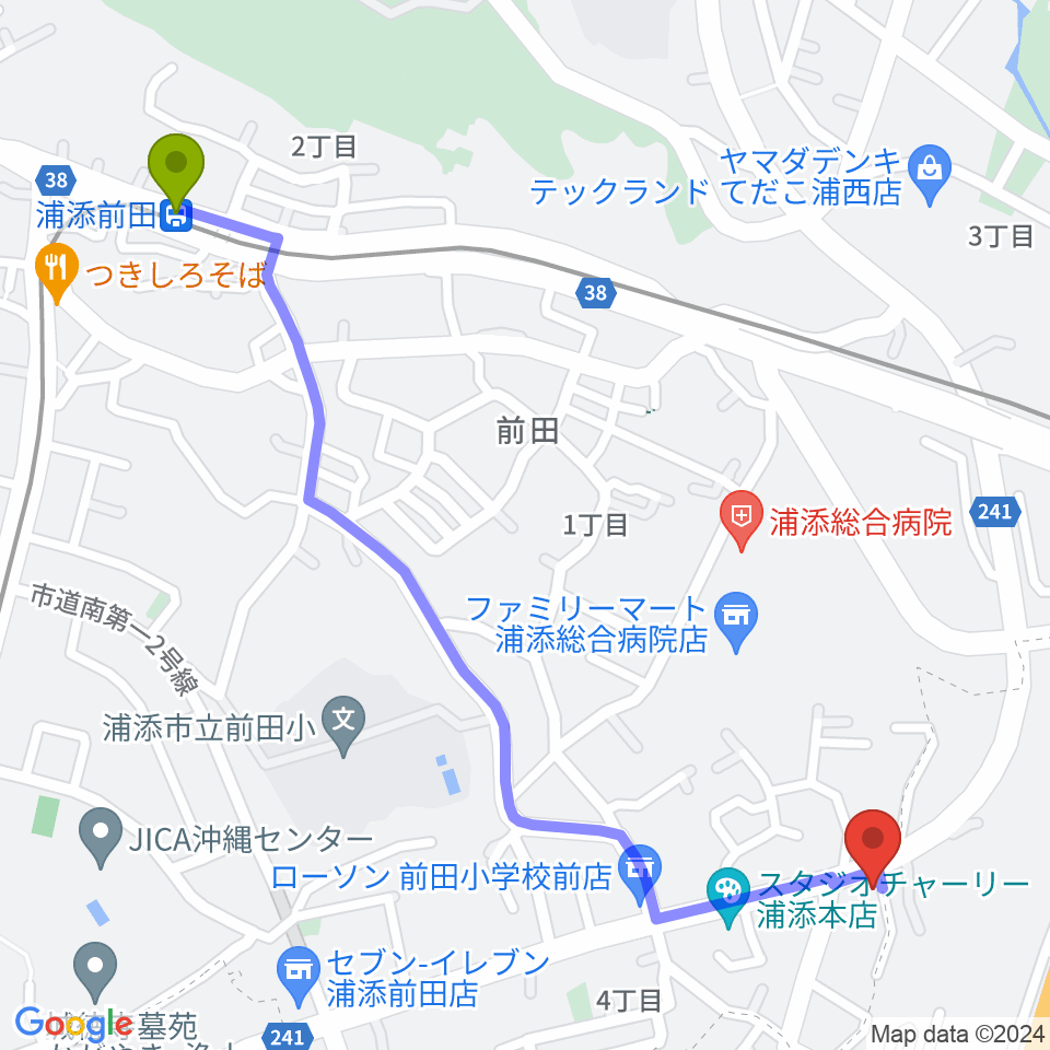 浦添前田駅からムウギターアカデミーへのルートマップ地図