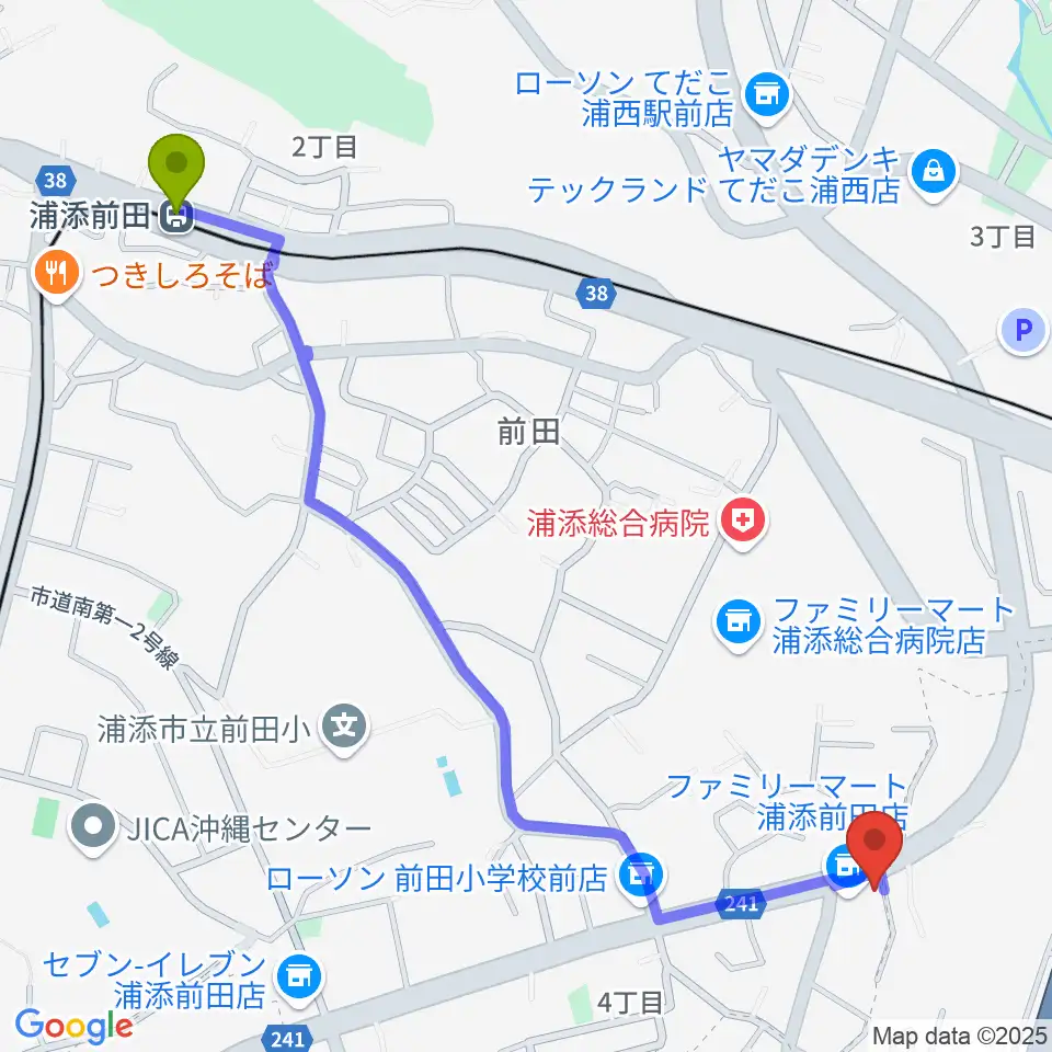 浦添前田駅からムウギターアカデミーへのルートマップ地図