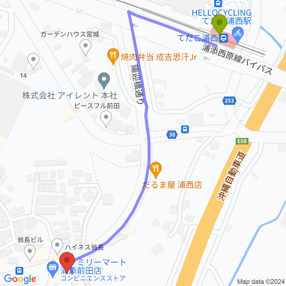 ムウギターアカデミーの最寄駅てだこ浦西駅からの徒歩ルート（約8分）地図