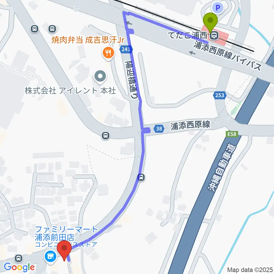 ムウギターアカデミーの最寄駅てだこ浦西駅からの徒歩ルート（約8分）地図