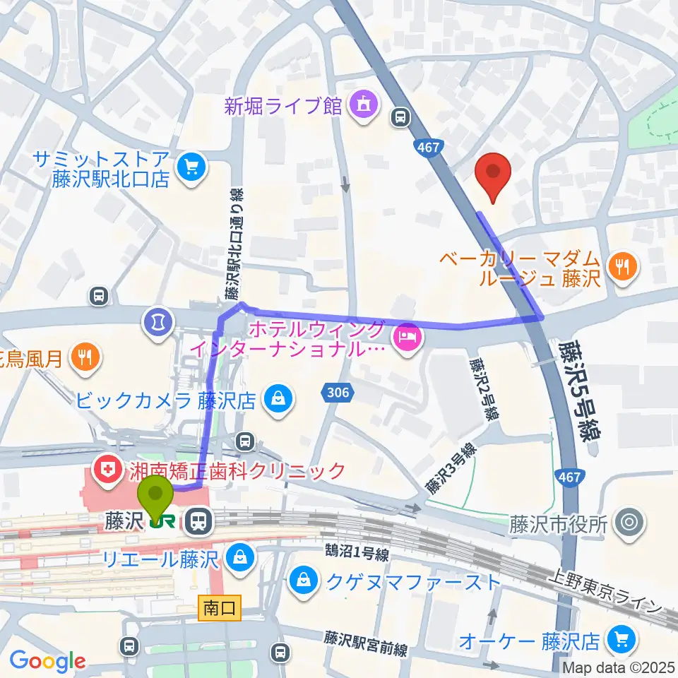 国際新堀芸術学院の最寄駅藤沢駅からの徒歩ルート（約5分）地図