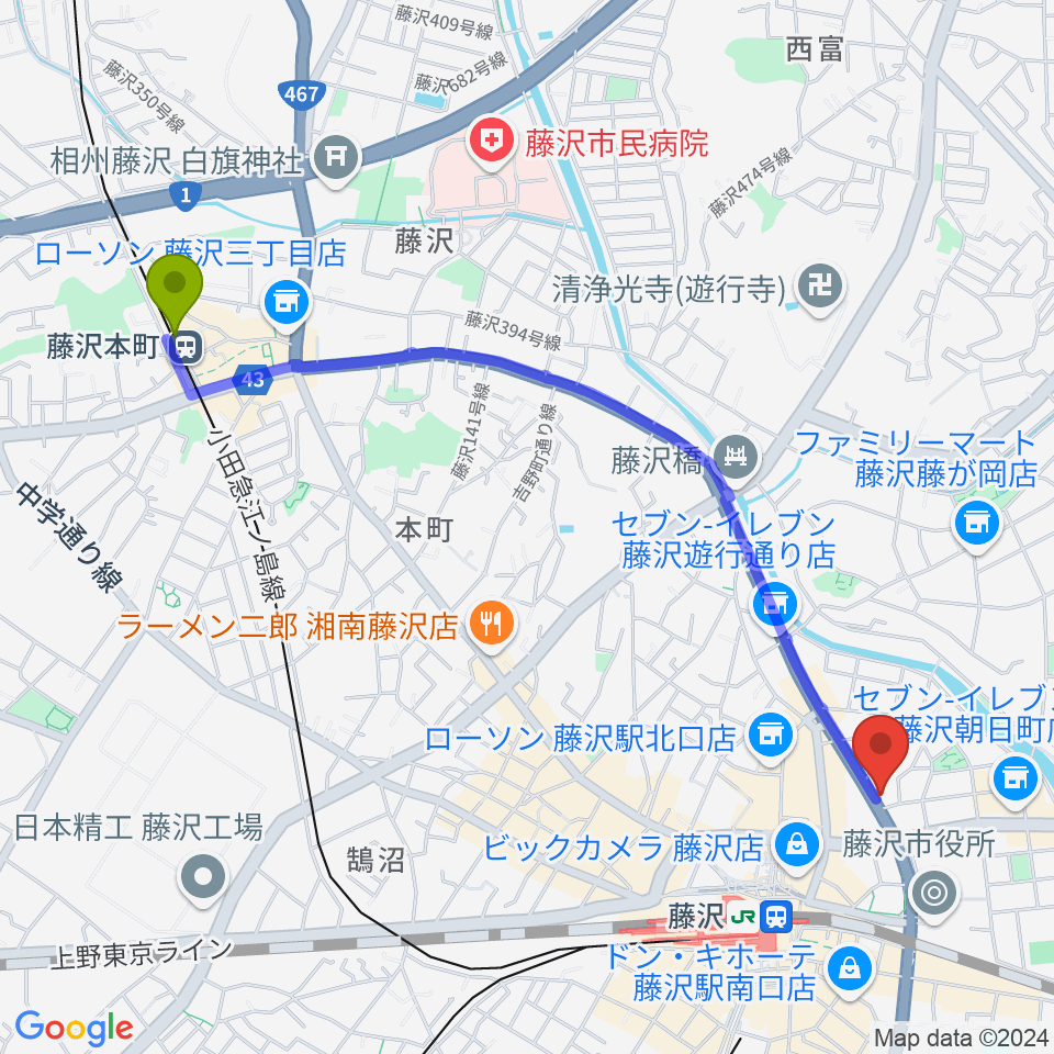 藤沢本町駅から国際新堀芸術学院へのルートマップ地図