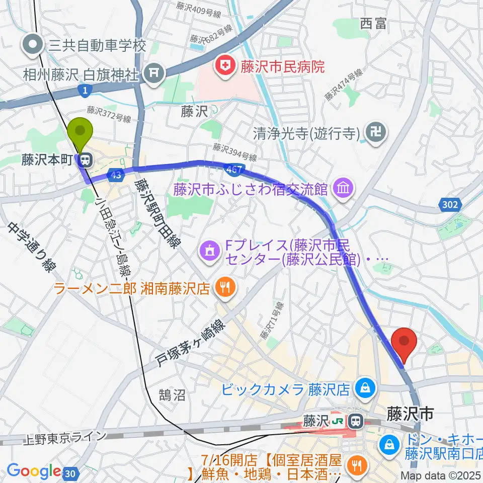 藤沢本町駅から国際新堀芸術学院へのルートマップ地図