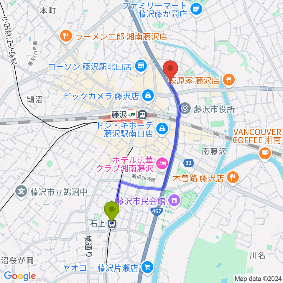 石上駅から国際新堀芸術学院へのルートマップ地図