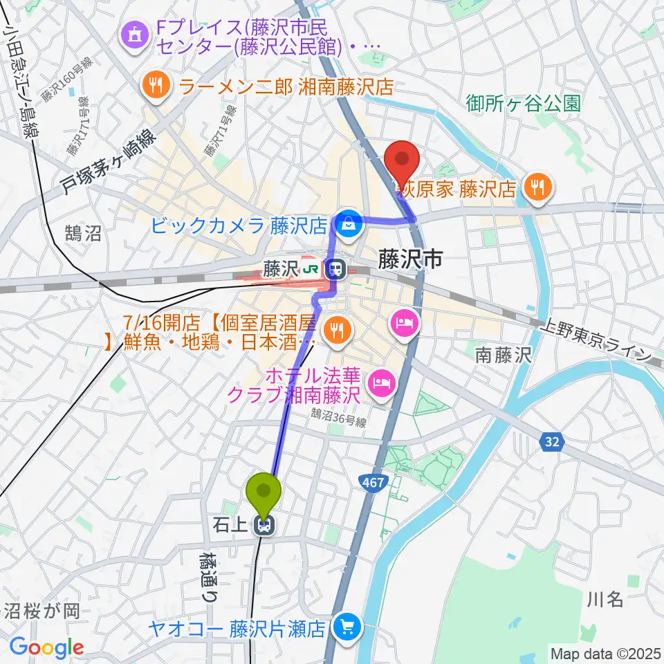 石上駅から国際新堀芸術学院へのルートマップ地図