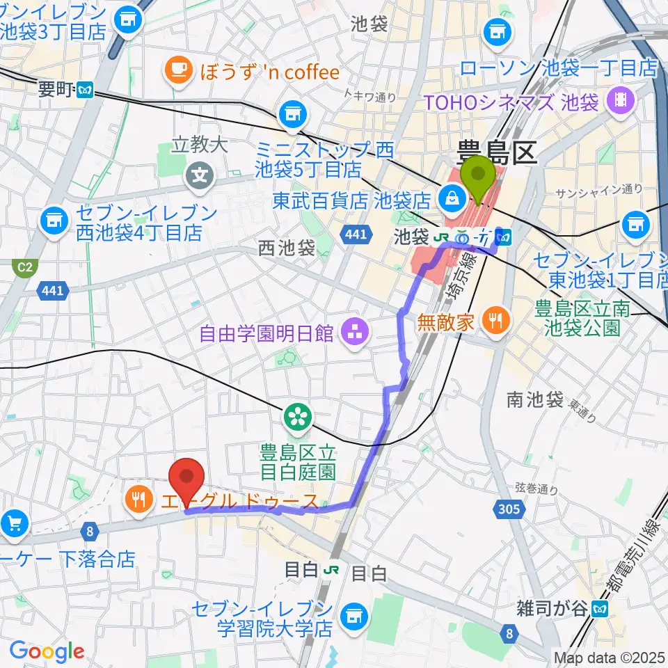 池袋駅から音楽教室アルルへのルートマップ地図