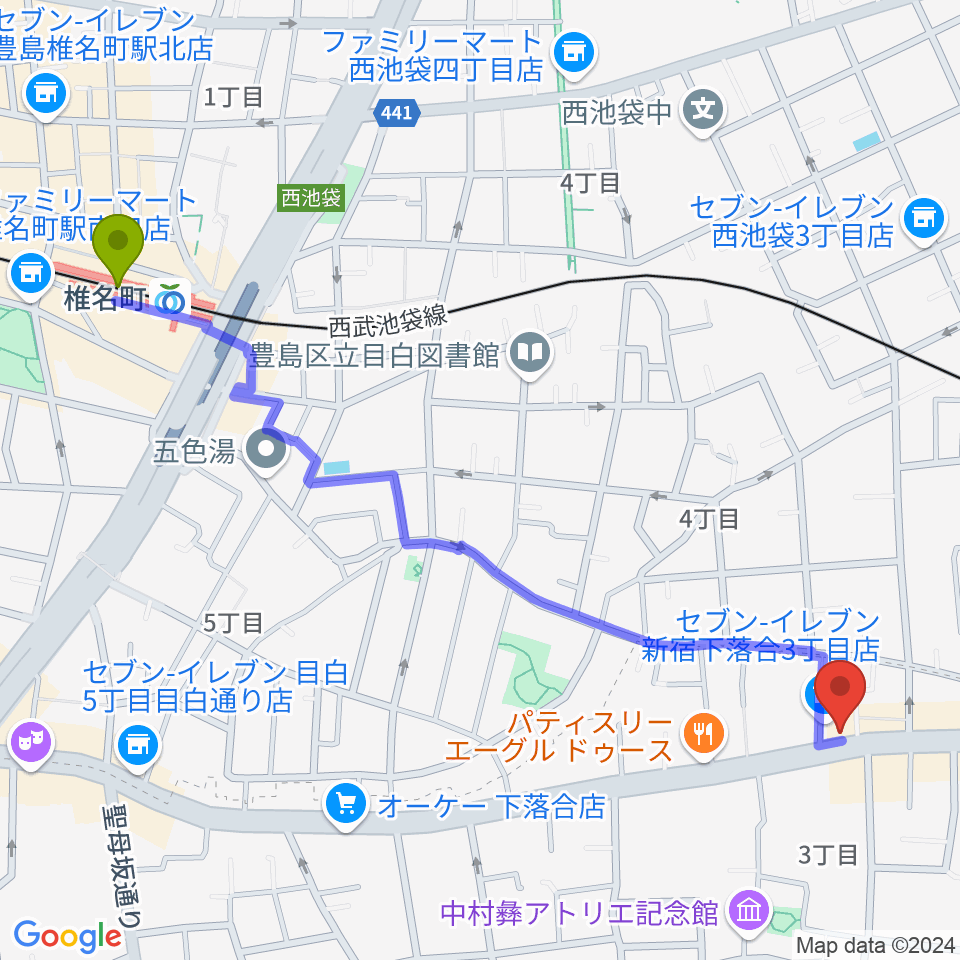 椎名町駅から音楽教室アルルへのルートマップ地図