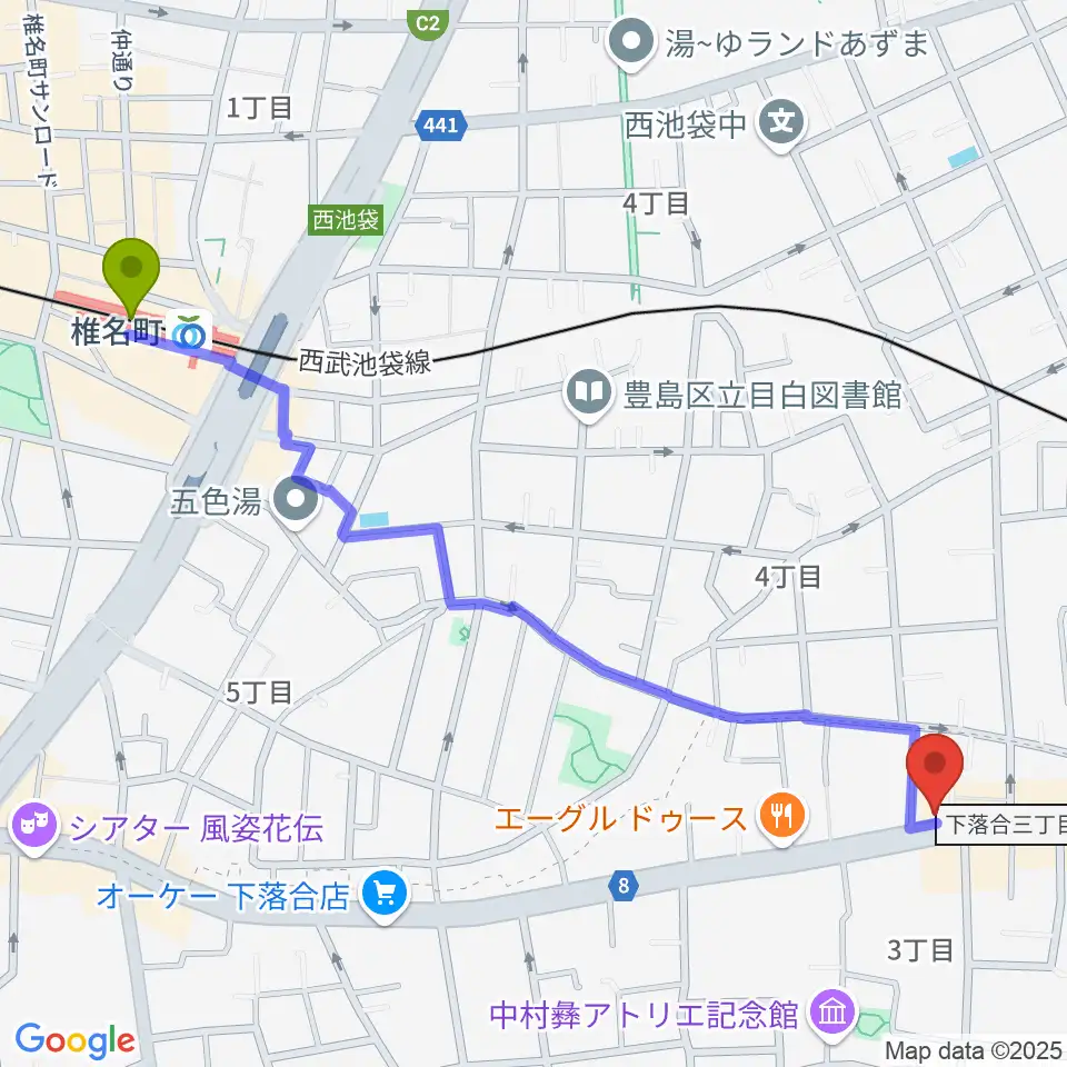 椎名町駅から音楽教室アルルへのルートマップ地図