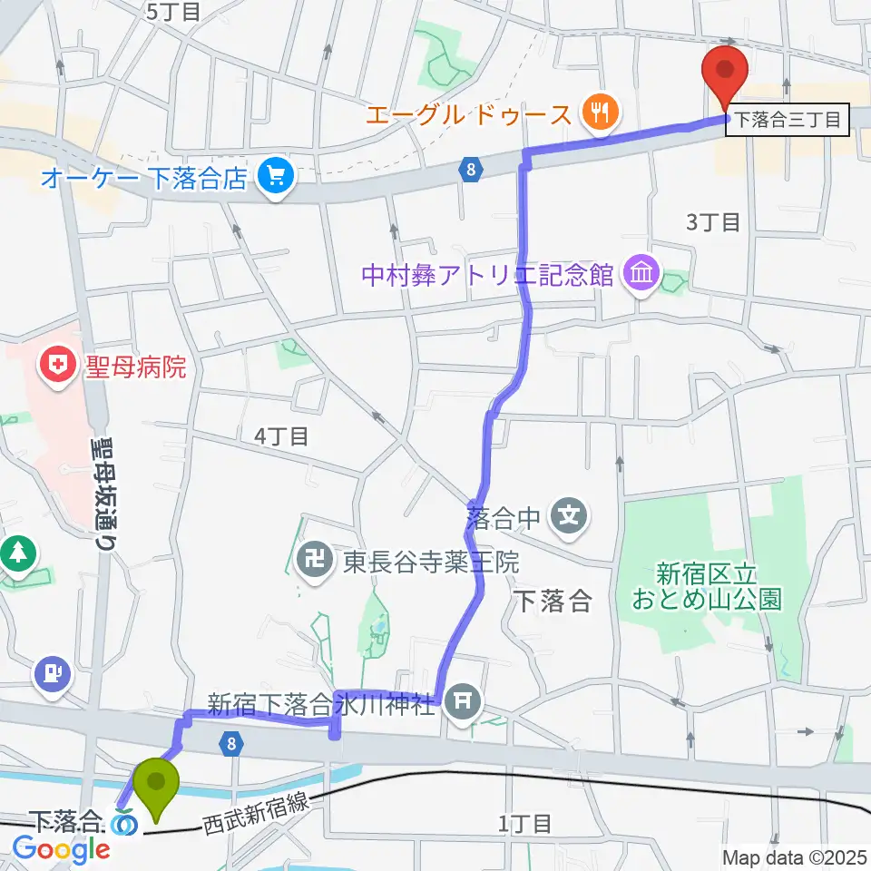 下落合駅から音楽教室アルルへのルートマップ地図
